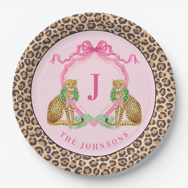 Plato De Papel Crestón de leopardo con corona de Navidad Monogram (Anverso)