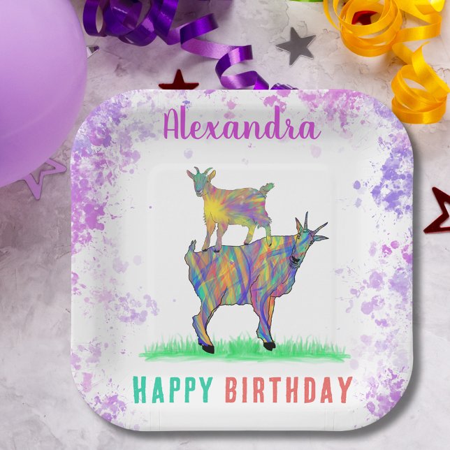 Plato De Papel Cría Cute Farm Animal Art Fiesta de cumpleaños (Cute goats farm animal art happy birthday party custom name paper plates colorful watercolor )
