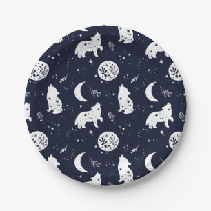 Plato De Papel Cría de lobo aullando a la luna