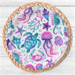 Plato De Papel Criaturas acuáticas del océano bajo el cumpleaños