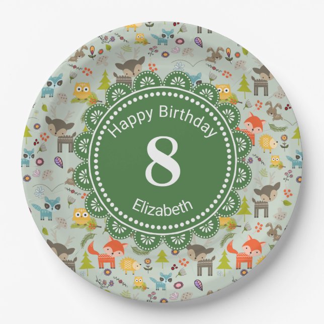 Plato De Papel Criaturas de Cute Woodland Patrón animal Cumpleaño (Anverso)