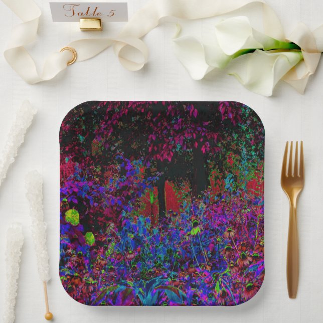 Plato De Papel Crimson Psicodélico Rojo y Amanecer del Jardín Neg (Boda)