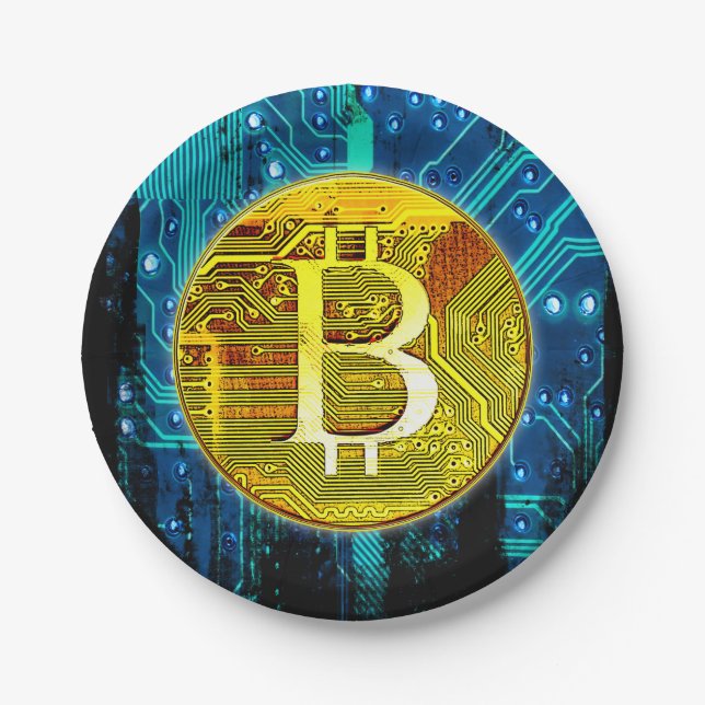 Plato De Papel Criptomoneda Bitcoin y placa de circuito (Anverso)