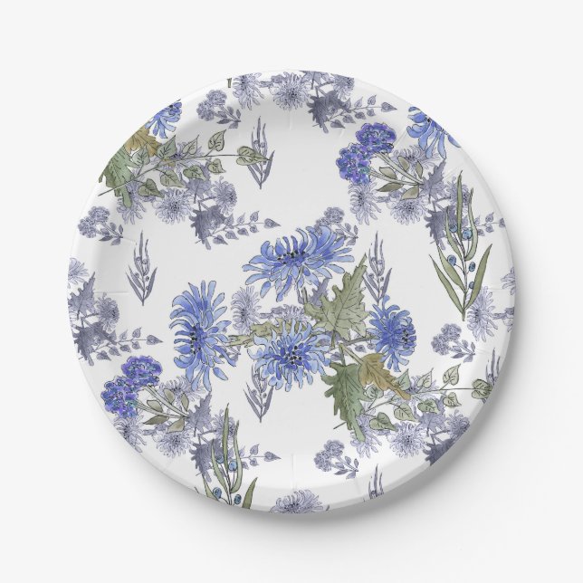 Plato De Papel Crisantemo azul, acuarela (Anverso)