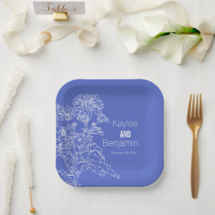 Plato De Papel Crisantemo blanco sobre flores azules boda
