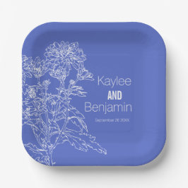 Plato De Papel Crisantemo blanco sobre flores azules boda