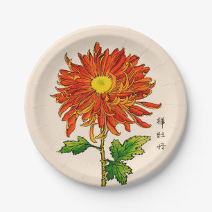 Plato De Papel Crisantemo del japonés del vintage. Naranja y oro