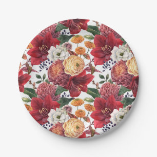 Plato De Papel Crisantemos Malva y Amarilis Rojas Otoño