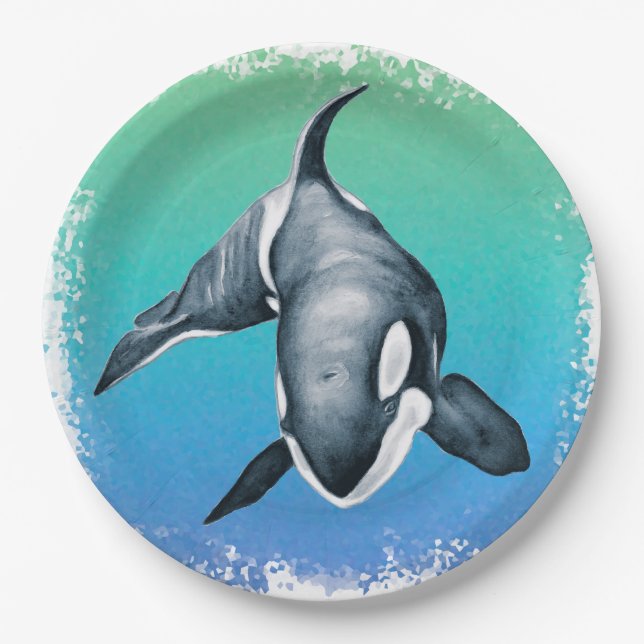 Plato De Papel Cristal Verde azulado de ballena orca (Anverso)
