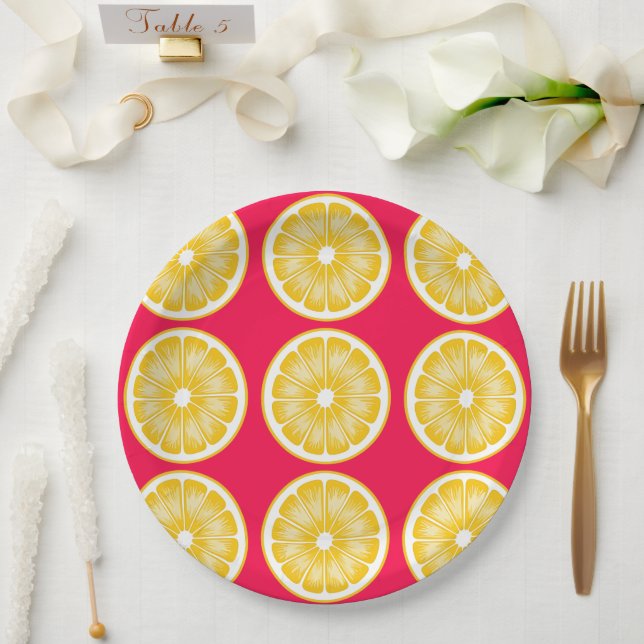 Plato De Papel Critral Lemon Slice caliente rosa y amarillo (Boda)