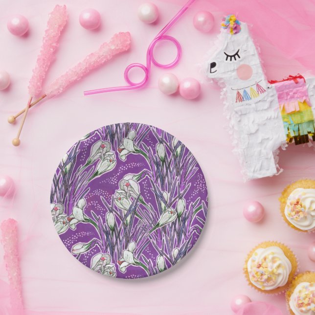 Plato De Papel Crocuas blancas primavera flor patrón floral morad (Fiesta)