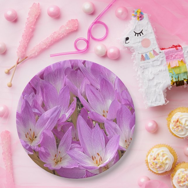 Plato De Papel Crocus rosa otoñal florece (Fiesta)