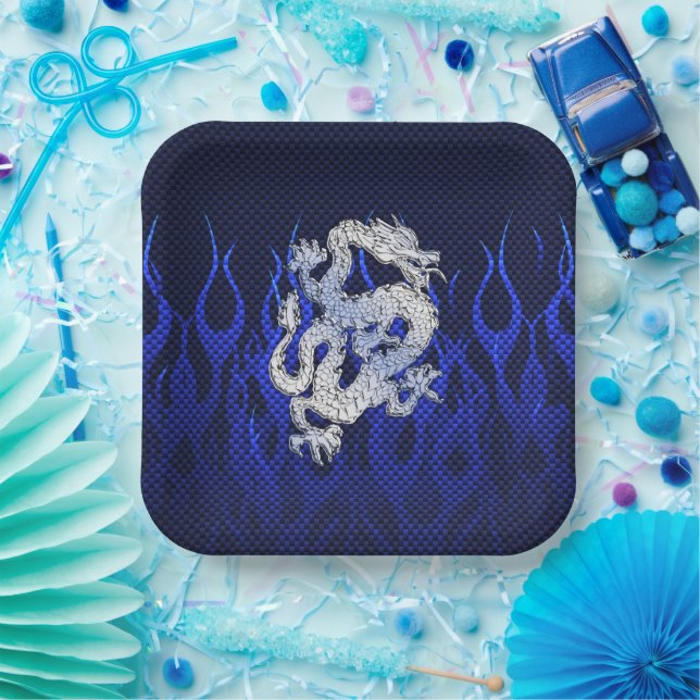 Plato De Papel Cromado azul como Dragon Carbon Fibon Style (Fiesta)