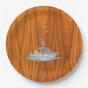 Plato De Papel Cromado como barco de pesca en madera de teca