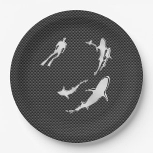 Plato De Papel Cromado como buceador con tiburones en fibra de ca