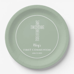 Plato De Papel Crosage Green Communia Bautismo Christening