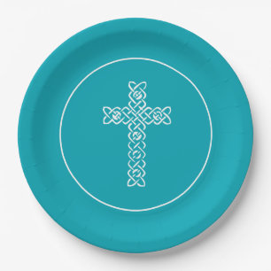 Plato De Papel Cross Peacock Blue Communism Baptism Christen