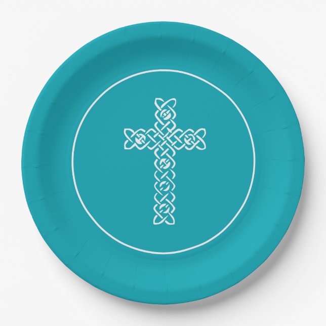 Plato De Papel Cross Peacock Blue Communism Baptism Christen (Anverso)