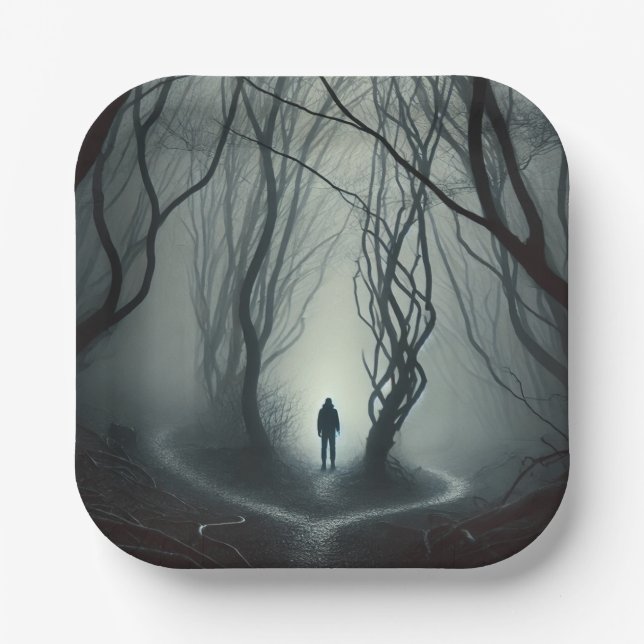 Plato De Papel Crossroads in the Fog - Gloomy Forest Art Print (Anverso)