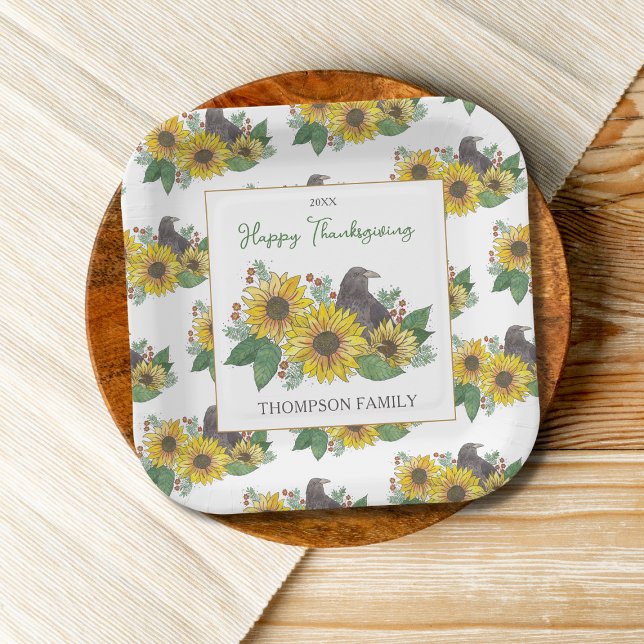 Plato De Papel Crow en otoño florece postre de Acción de Gracias  (Thanksgiving dessert plates)