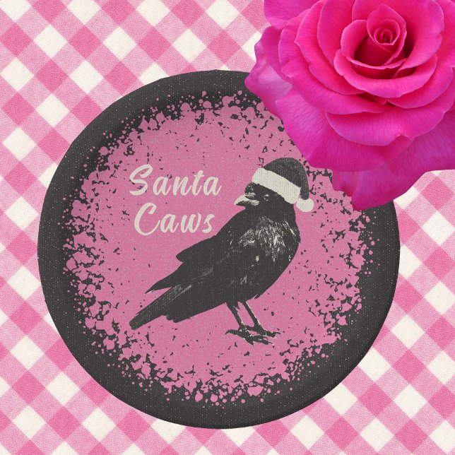Plato De Papel Crow Santa Pink y el Gótico de Navidades negros (Cute pink and black plates with a Santa Caws crow with his hat are perfect for Christmas parties.)