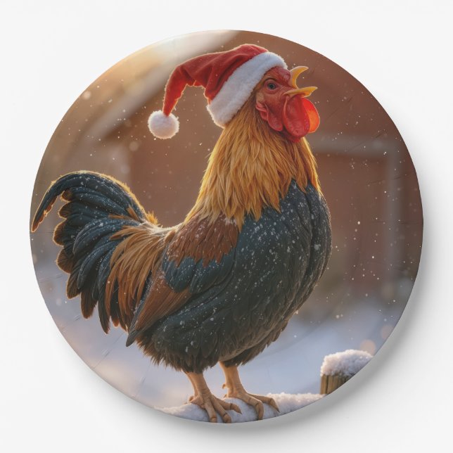 Plato De Papel Crowing Christmas Rooster Wearing a Santa Hat (Anverso)