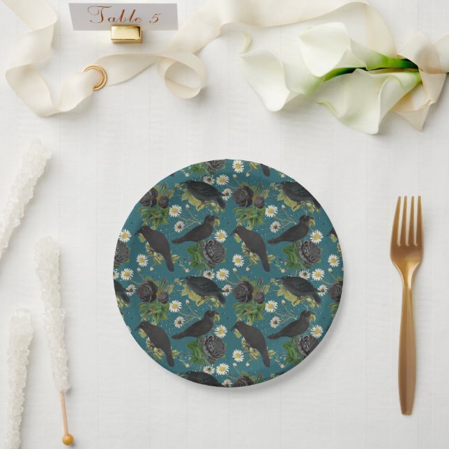 Plato De Papel Crows de gótico y Rosas negros Patrón Verde azulad (Boda)