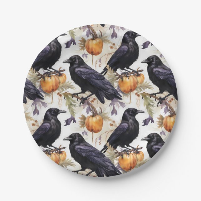 Plato De Papel Crows sobre la Calabaza Halloween (Anverso)