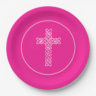 Plato De Papel Cruce comunidades rosadas cálidas bautismo bautizo