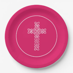 Plato De Papel Cruce el rubí de la comunidad rosa bautizo cristia