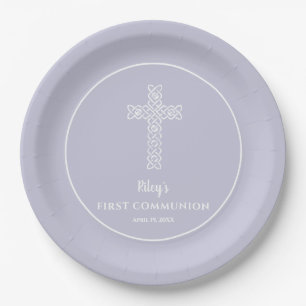 Plato De Papel Cruce Lavanda Pálida Comunión Bautismo Christening
