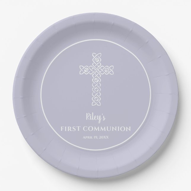 Plato De Papel Cruce Lavanda Pálida Comunión Bautismo Christening (Anverso)