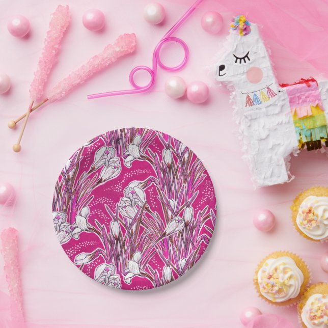 Plato De Papel Cruces blancos primavera flor patrón floral rosado (Fiesta)