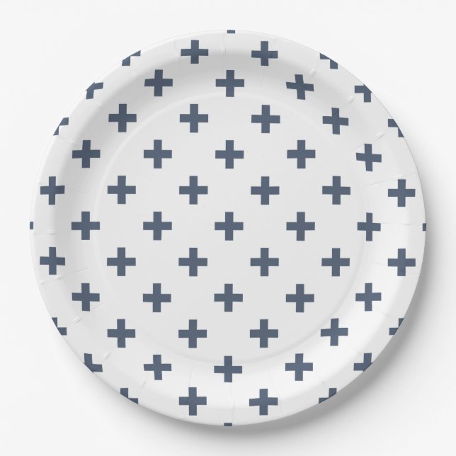 Plato De Papel Cruces de polka azul-gris sobre blanco (Anverso)