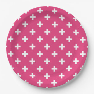 Plato De Papel Cruces de polka blanca en fucsia