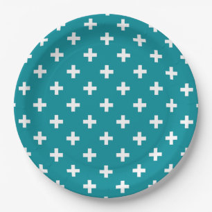 Plato De Papel Cruces de polka blanca en verde azulado