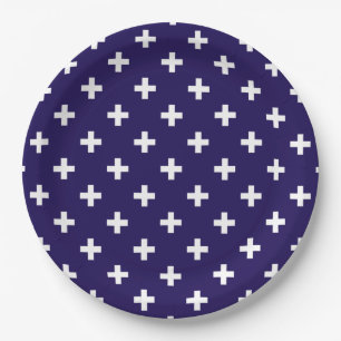 Plato De Papel Cruces de polka blanco sobre azul marino