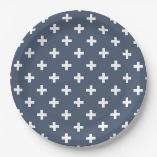 Plato De Papel Cruces de polka blanco sobre gris azul