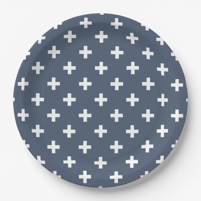 Plato De Papel Cruces de polka blanco sobre gris azul (Anverso)