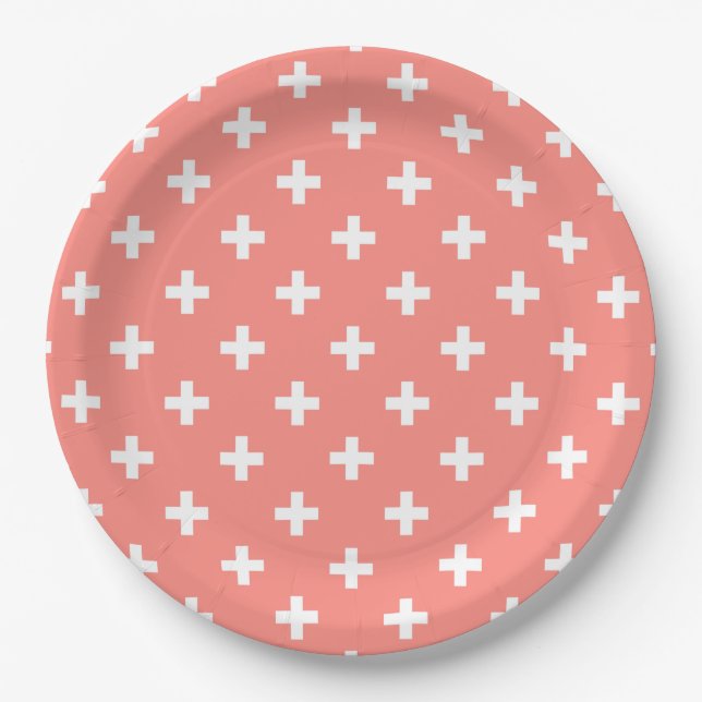 Plato De Papel Cruces de polka blanco sobre melocotón (Anverso)