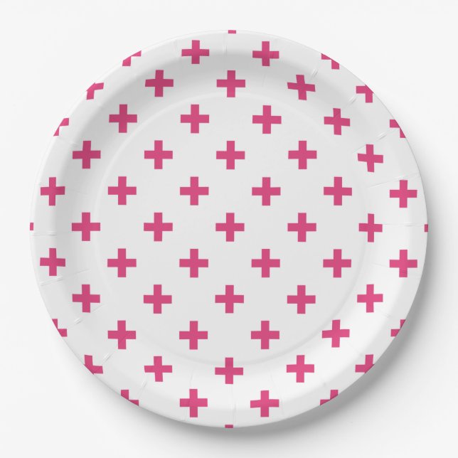 Plato De Papel Cruces de polka de Fuchsia sobre blanco (Anverso)