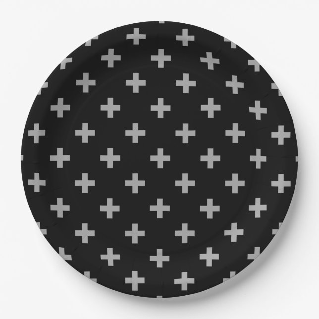 Plato De Papel Cruces de polka gris sobre negro (Anverso)