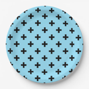 Plato De Papel Cruces de polka negra en azul bebé