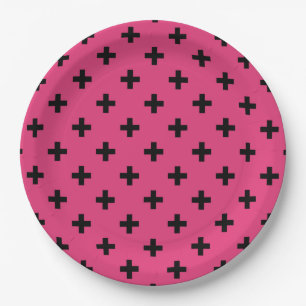 Plato De Papel Cruces de polka negra en fucsia