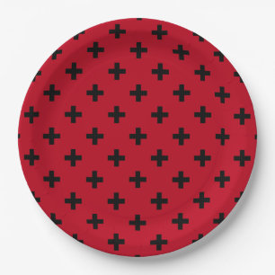 Plato De Papel Cruces de polka negra en rojo