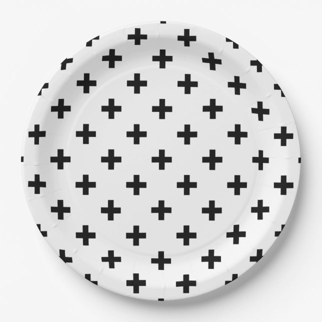 Plato De Papel Cruces de polka negra sobre blanco (Anverso)