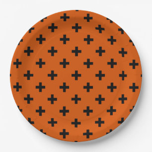 Plato De Papel Cruces de polka negra sobre naranja
