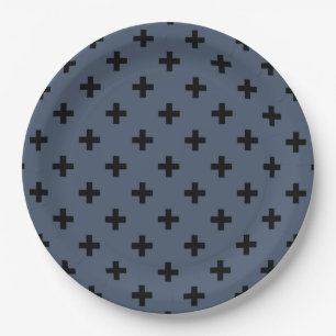 Plato De Papel Cruces de polka negro sobre gris azul