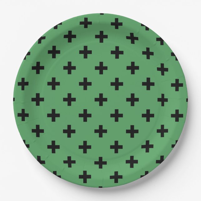 Plato De Papel Cruces de polka negro sobre verde (Anverso)