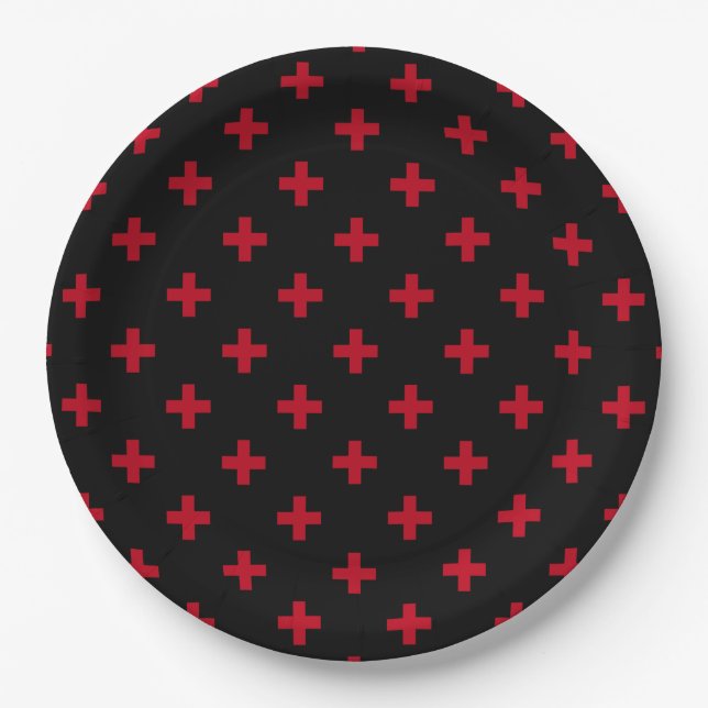Plato De Papel Cruces de polka roja sobre negro (Anverso)